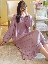 綿混紡の長袖パジャマドレス【桜と葉のプリント・春秋用】