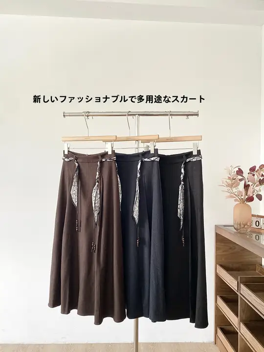 ベルベット調のハイウエストロングスカート【コーヒー色・体型カバー・トレンドデザイン】（セットアップ対応）