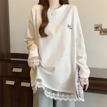 白色レースコンビネーション長袖Tシャツ【大きいサイズ・秋用・ミディ丈】