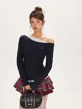 デザイン感あるレースの斜め肩トップス【女性用・ウェストシェイプ・秋季】（セットアップ対応）