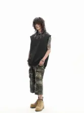 ノースリーブTシャツ ユニセックス クルーネック スター柄 クロス ラインストーン ルーズ アメリカン風 上品 ペア ストリート 「Mz」
