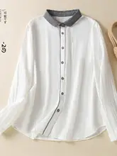 コットンリネン配色のドールカラーシャツ【春用・女性・スリーブ長め・ルーズフィット・文芸風】