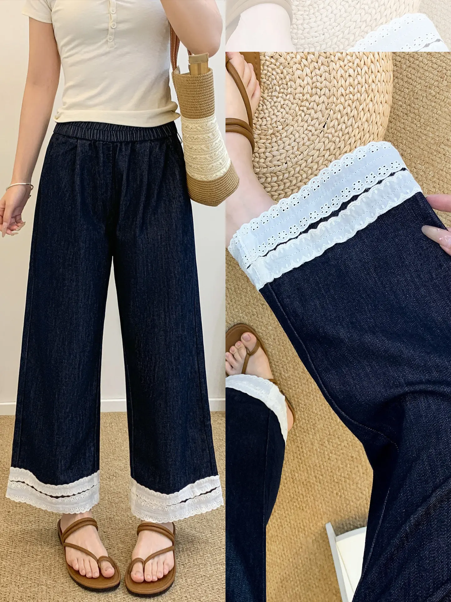 レーストリム ワイドレッグデニムパンツ：女性向けの夏用薄手直筒スタイルとは