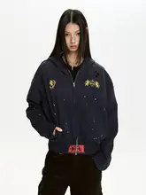 水洗加工のドロップインクプリントジャケット【フィット・短丈・フード付き】
