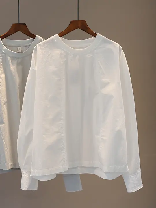 カジュアルコットン丸首シャツ【秋用・ゆったりシルエット・フリンジデザイン】