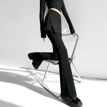 ブラックのフェイクツーピーススーツ風ブーツカットパンツ【春秋用・小柄向け・フィット感】（セットアップ対応）