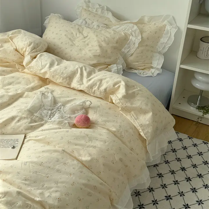 フラワーレースデザインの純綿四点セット【柔らかでナチュラルな雰囲気・ベッドシーツとカバー付き】（セットアップ対応）