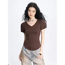 SHIYIYUE VネックレディースTシャツ【短袖・スリムフィット・夏用】