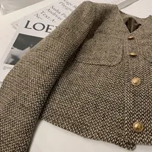 カーキ色Vネックチェック柄ジャケット【短丈・フレンチスタイル】