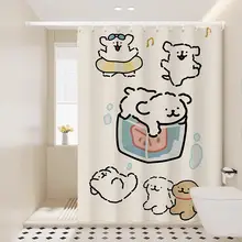 かわいい犬柄の防水バスカーテン【穴あけ不要・カートゥーンデザイン】