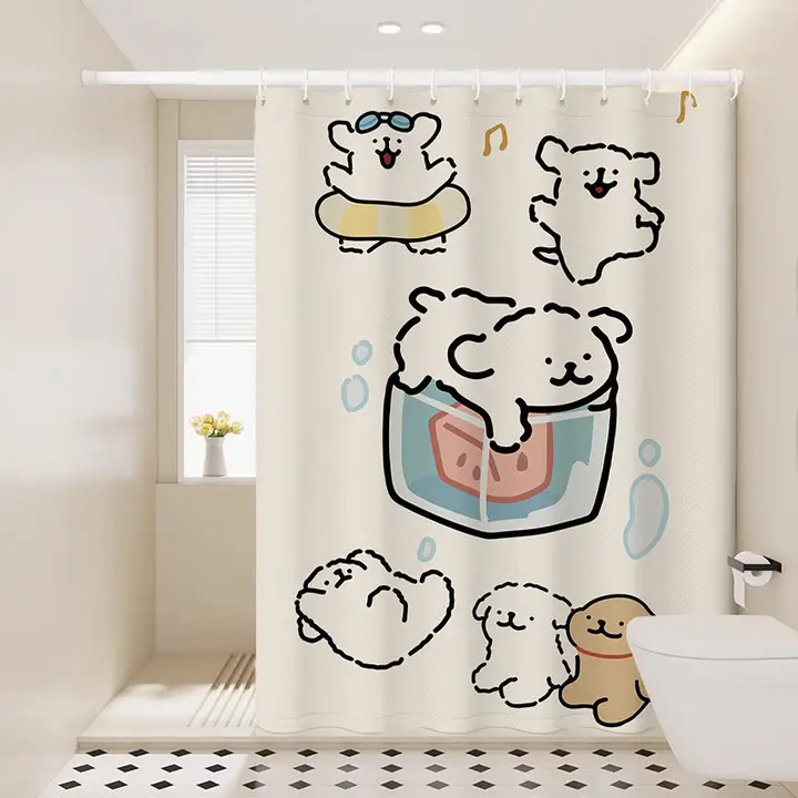 かわいい犬柄の防水バスカーテン【穴あけ不要・カートゥーンデザイン】