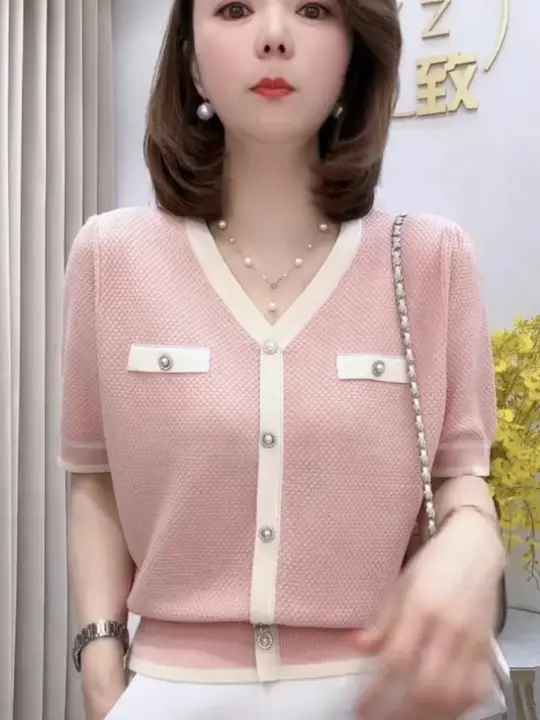 Vネック夏用薄手ニットTシャツ【アイスシルク・バイカラー・ゆったりサイズ】