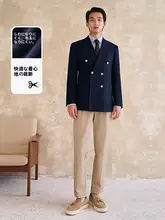 ダブルボタンブレザー【ビジネスカジュアル・ネイビーブルー・スリムフィット】