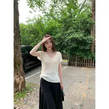 VネックTシャツ【クールな春夏用・フィット・ストライプ柄・女性向け】