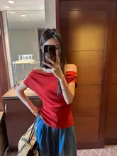 一字型・斜めの肩出しデザインTシャツ【シワ加工・ウエスト絞り・細見え効果・夏用】