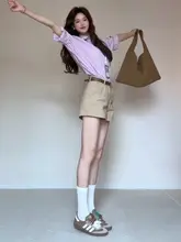 夏用カジュアルカーキデニムショートパンツ【ゆったりしたデザイン・大人っぽい雰囲気】（セットアップ対応）