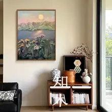 高級手描き油絵 壁掛けアート【茶室向け・ビンテージデザイン・花と月のモチーフ】