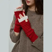 半指手袋【冬用・レースの花飾り・ニット・長めのデザイン・保温・学生向け】