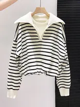 ストライプ長袖ニットセーター【秋冬用・保温性・重ね着風デザイン】（セットアップ対応）