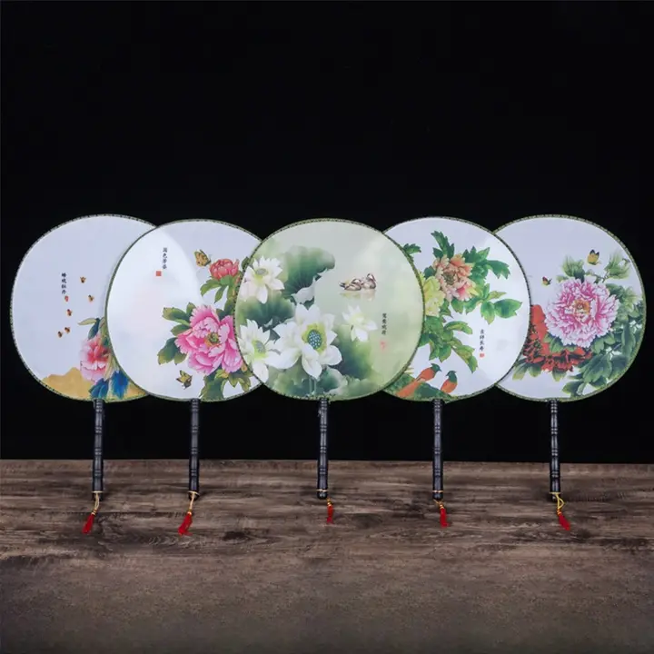 古典的な大丸型舞扇【牡丹デザイン・ダンス用・フェイクシルク】