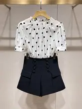優雅なヴィンテージ風ドット柄シャツとハイウエストワイドパンツ【夏用・フレンチスタイル】（セットアップ対応）