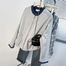 春用 大きいサイズの立襟デニム切替ベースボールジャケット【ゆったりとしたカジュアルデザイン】