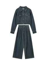 秋のヴィンテージ風デニムジャケットとワイドパンツ【ゆったりシルエット・カジュアルスタイル】（セットアップ対応）