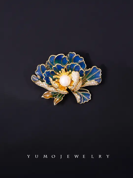 古典的な中国風の牡丹ブローチ【淡水真珠・エナメル仕上げ・高級感・レトロデザイン】