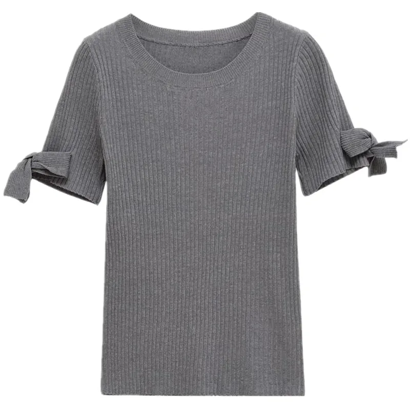 蝶々結び装飾の畦編みクルーネック半袖ニット：秋用女性向けのカギ針編み服の実用性とデザイン特性