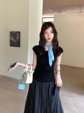 バイカラーのリボン付きフィット短袖ニットトップス【通勤向け・ウエストシェイピング】（セットアップ対応）