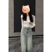 美しいデザイン！ウォッシュブルーデニム Aラインスカート【ハイウエスト・フリンジ付き】