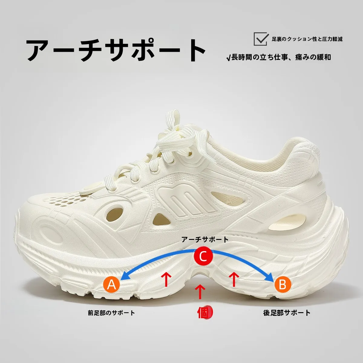 厚底アーチサポートサンダル：歩きやすい設計とEVA素材による足裏安定性