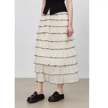 優雅な杏色のレース切替ケーキスカート【軽やかでウエストゴム】