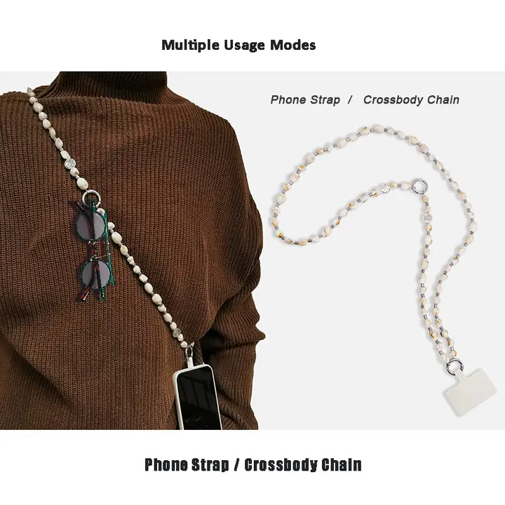 民族風のスマホチェーン【長めの斜め掛け・デザイン感あるビーズ付き・サングラス用】