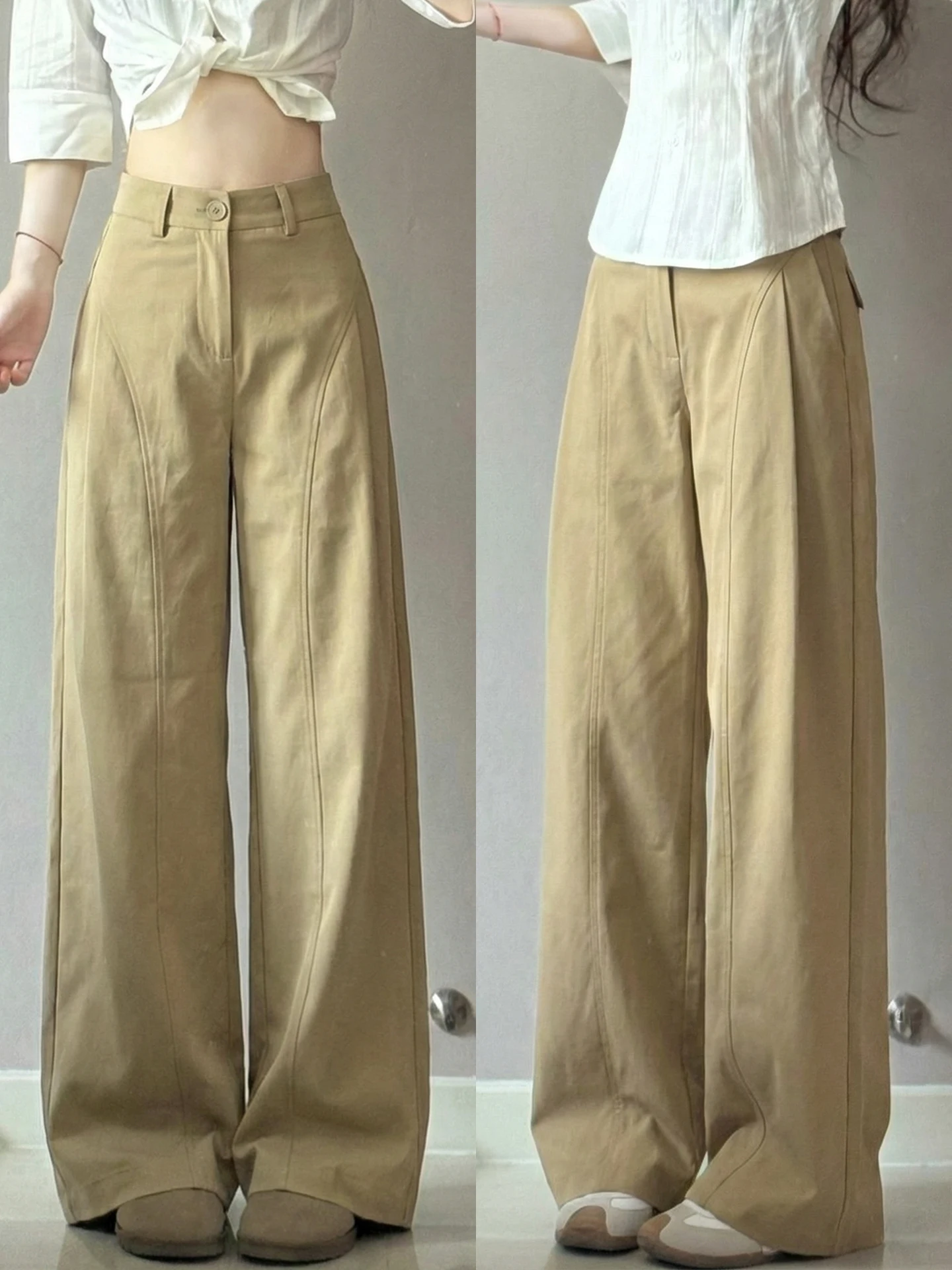 美しいカキ色のワイドレッグパンツ：春用のカジュアルスタイルに最適な直筒デザイン
