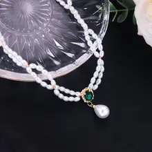 二重パールネックレス【グリーンダイヤモンドの雫ペンダント・鎖骨チェーン・エレガントなデザイン】