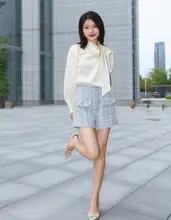 MandyZhang 長袖デザインカラーシャツ【立ち襟・スリーブ付き・秋用・イエロー】