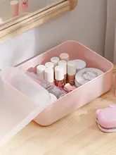 珊瑚色の化粧品デスク収納ボックス【防塵・プラスチック製・ふた付き】