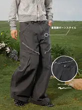 春季用水洗いコットン風工装ストレートパンツ【ゆったりサイズ・グレー】