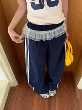夏用ハイウエストストライプワイドパンツ【レースデザイン・カジュアル】（セットアップ対応）