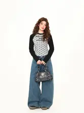 水玉模様の長袖Tシャツ【春用・ウエストフィット・カラーブロックデザイン】