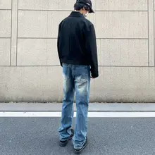 517デニムパンツ【ヴィンテージ風・ダークブルー・クリーンフィット・フレア・雪模様加工】