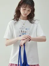 ファッショナブルなプリント丸首落ち袖デザインのフィットTシャツ【レディース・コットン・夏用・短袖】