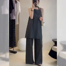 大きいサイズのファッションカジュアル深灰色キャミソールとパンツ【夏用・トレンドコーディネート】（セットアップ対応）
