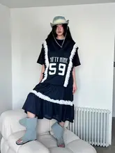 デザイン性のある半袖Tシャツワンピース【フリル付き・夏用・レタープリント・カジュアル】（セットアップ対応）