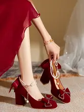 華やかさ満点！赤色の花嫁用ハイヒール【中華スタイル・太ヒール・妊婦対応】