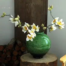 翡翠グリーンの粗陶花瓶【リビング用・レトロデザイン・インテリア装飾】