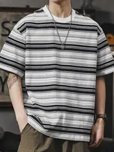 ストライプ柄 メンズ 半袖Tシャツ【コットン・夏用・ルーズフィット・ラウンドネック】