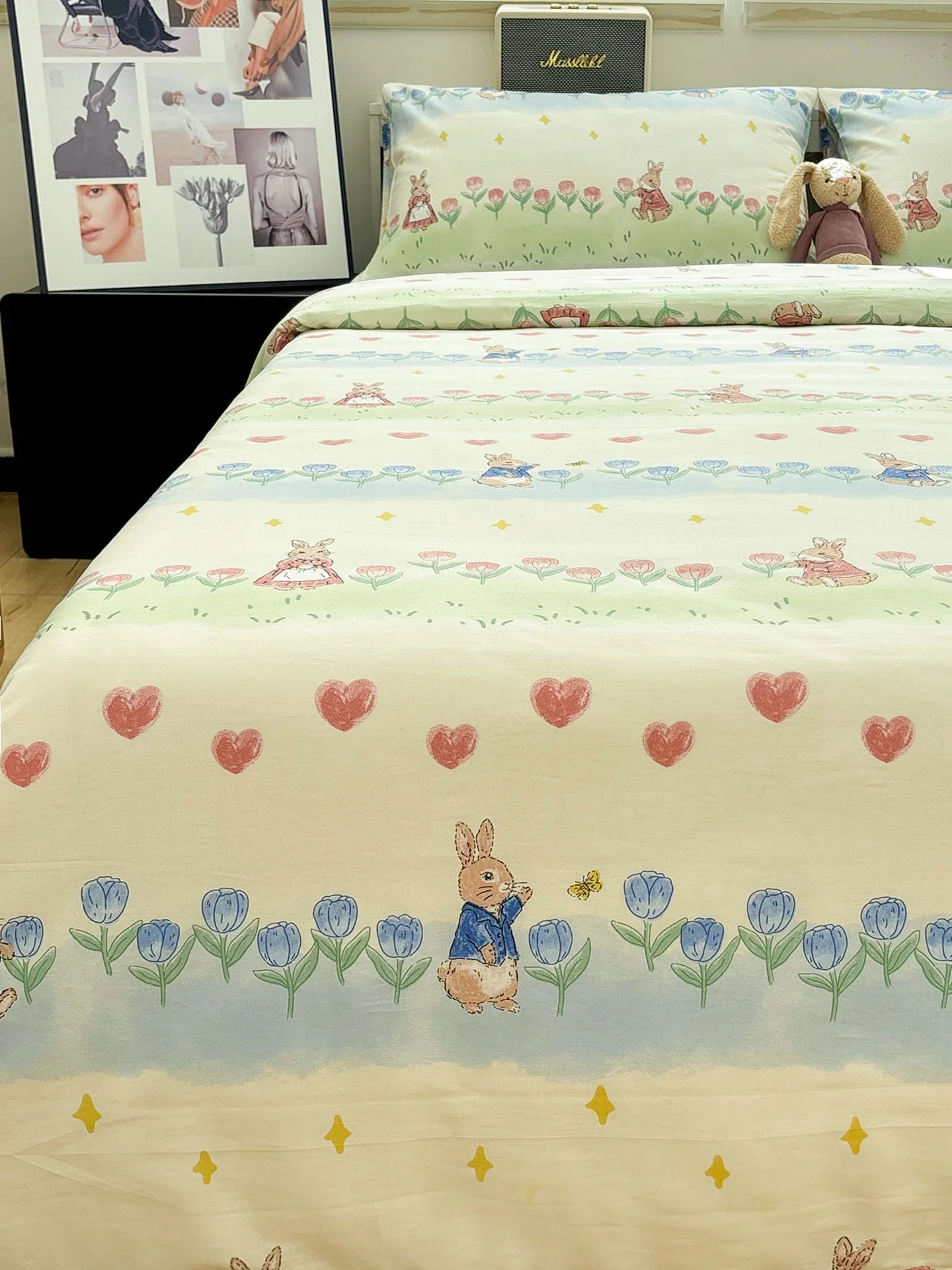 茶園うさぎデザインの純綿四点セット：四季通用のベッドシーツカバーに最適な実用性とは