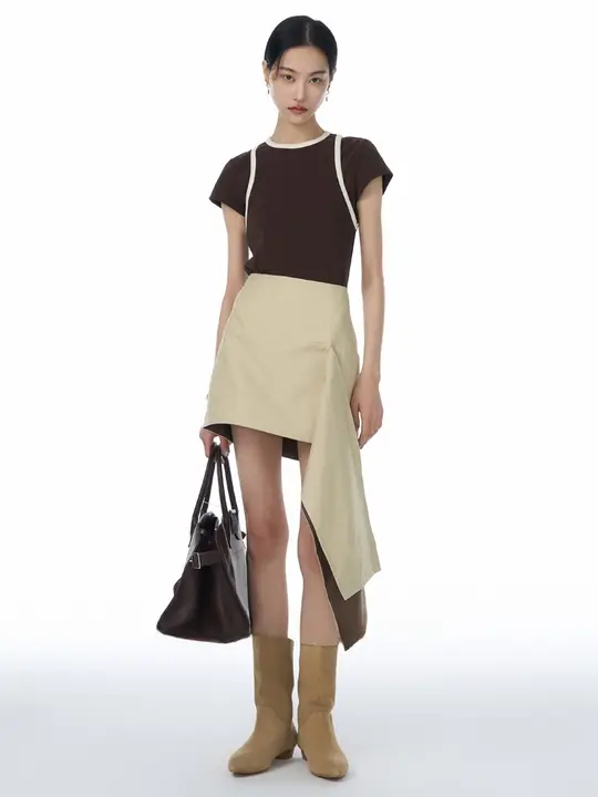 ヴィンテージ風デザインのカラーブロック短袖Tシャツ【レディース・ショート丈・スタイルアップ効果・コーディネートしやすい】（セットアップ対応）